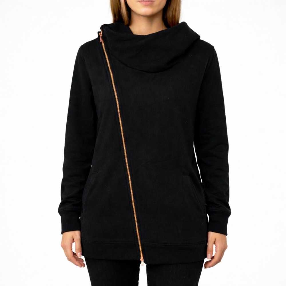 Lime & Vine Womens Black Asymmetric Zip Cowl Neck Hoodie Sweatshirt Small